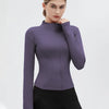 Zip-Front Yoga Shirt – full-zip design in navy, styled for gym workouts