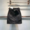 black patchwork denim mini skirt front view