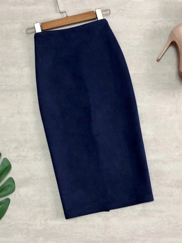 blue green Elegant faux suede wrap midi skirt front view  
