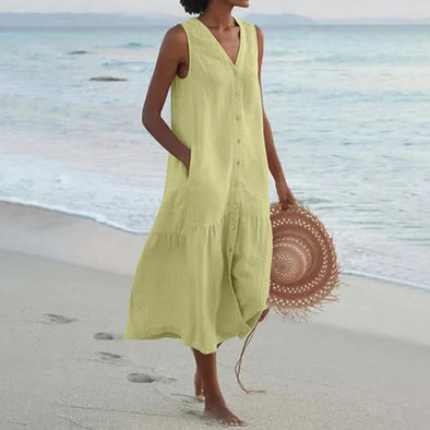  Woman wearing loose cotton-linen patchwork dress full view  
