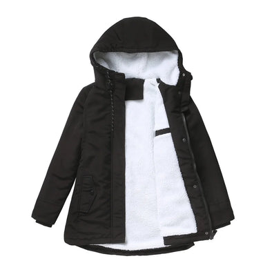Cozy winter outfit with hooded coat    