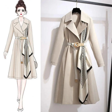  Front view of elegant mid-length trench coat 