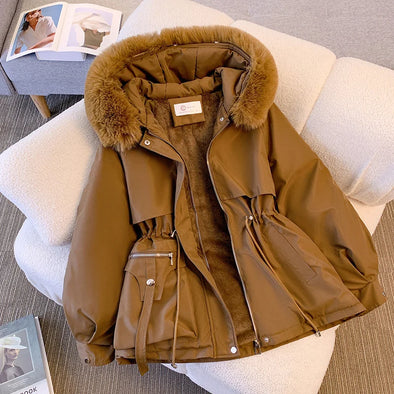 brown view of hooded coat with faux fur collar 