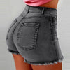 Front view of frayed denim shorts with pockets