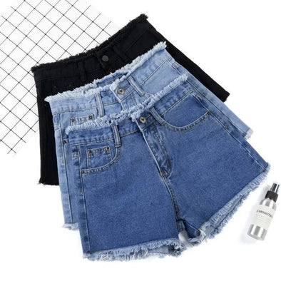High-waist denim shorts front view
