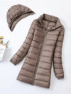 view of long feather parka with hood gray  style 