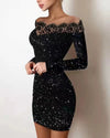 Model at a party wearing the sparkle dress - long sleeve party dress