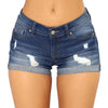  Woman wearing mid-waist ripped denim shorts