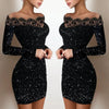 Woman wearing silver sparkle one-shoulder dress front view  