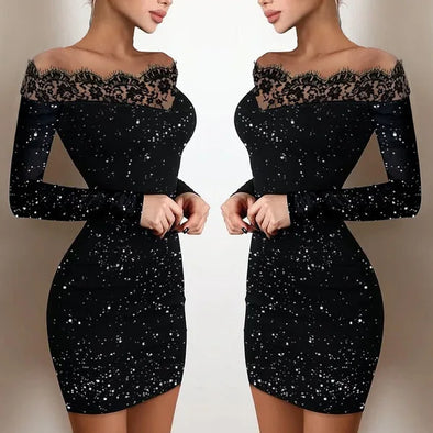 Woman wearing silver sparkle one-shoulder dress front view  