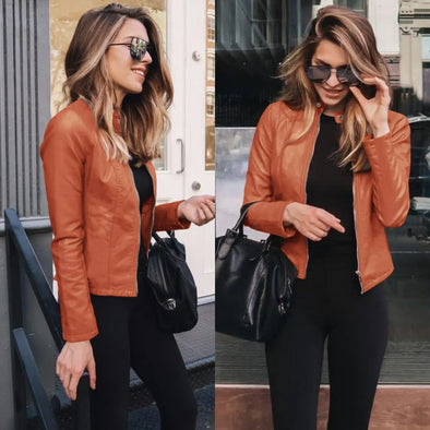 Front and side view of plus size PU leather jacket  