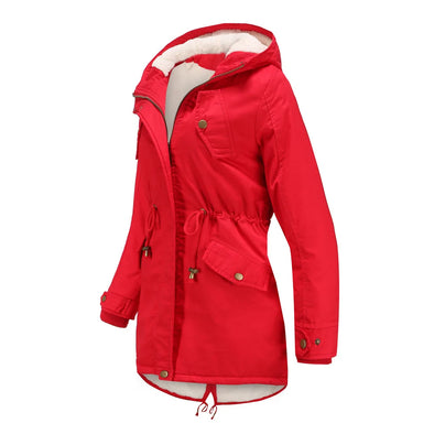 side view of plus size hooded winter jacket 