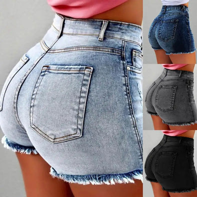  Woman wearing ripped high-waist denim shorts