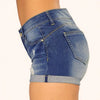 side view of solid color denim shorts
