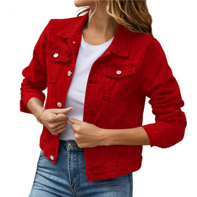 Slim fit denim jacket front view  red style 