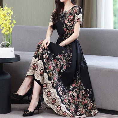 Plus-size woman posing in printed summer sundress front view 