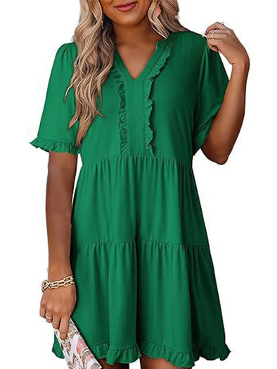 Front view of tiered short sleeve mini dress with notched neckline – Haute Damsel