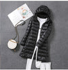 Front view of women’s ultralight down jacket black color 