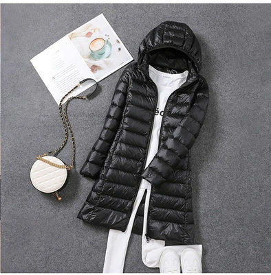 Front view of women’s ultralight down jacket black color 