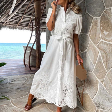 white Embroidered Hollow-Out Maxi Dress – Elegant Summer Style 