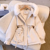 Hood detail on long winter coat  white style 