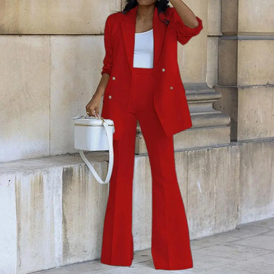 Model wearing two-piece red solid blazer pants suit