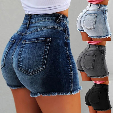 High-waisted frayed denim shorts side view